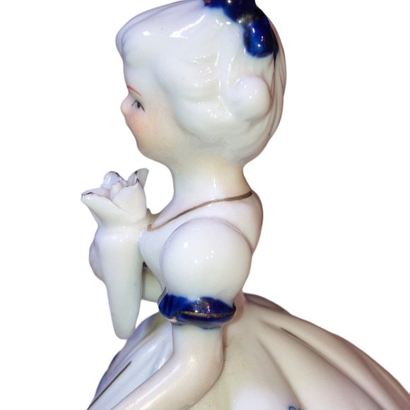 Girl Figurine Blue White Dress Gold Colored Accents - Picture 14 of 15